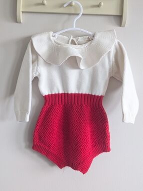 Classic Knit Baby Romper Red Ivory Peter Pan Collar 6-12M
